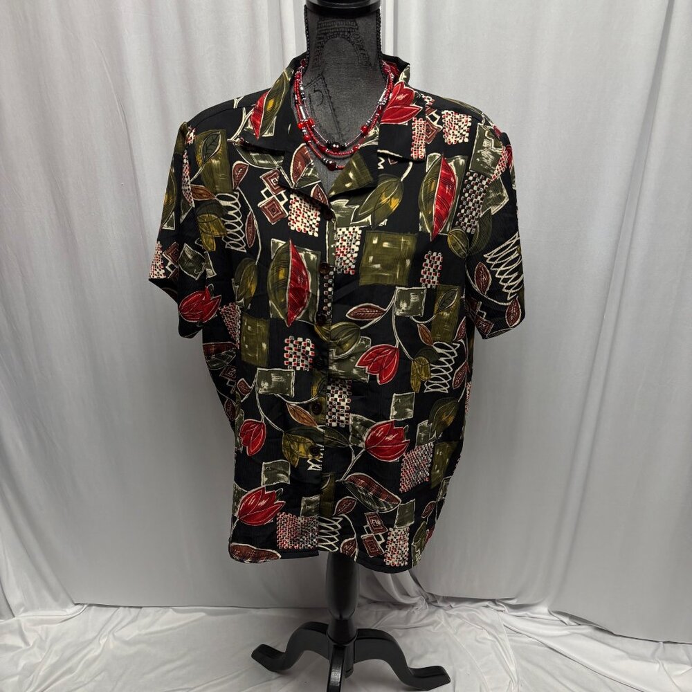 Ship 'n Shore Blouse Womens Size 18W Black Leaf Pattern Short Sleeve Button Up